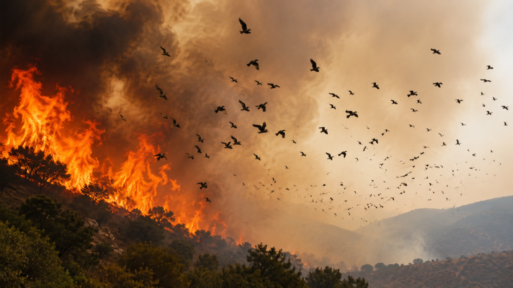 Wildfire and fleeing birds