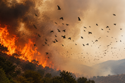 Wildfire and fleeing birds